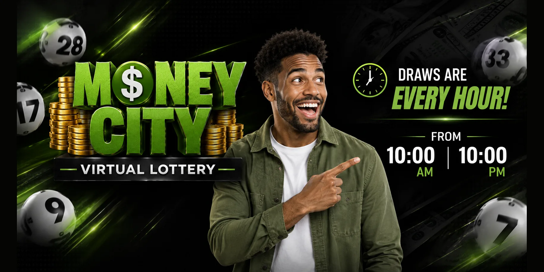 Money City virtual lottery — draws every hour, 10:00 AM to 10:00 PM